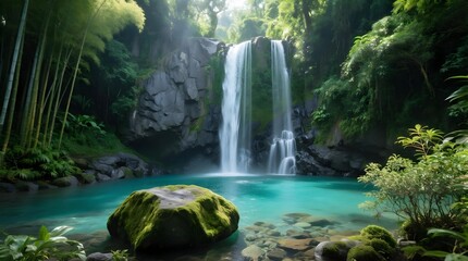 The quiet waterfall deep in the green forest