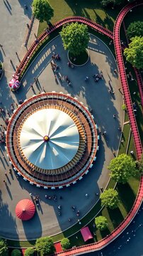 Top view of the amusement park with a ferris wheel and roller coaster.