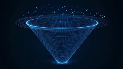 Glowing blue data stream entering digital funnel on dark background - Powered by Adobe