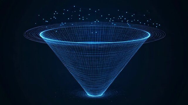 Glowing blue data stream entering digital funnel on dark background