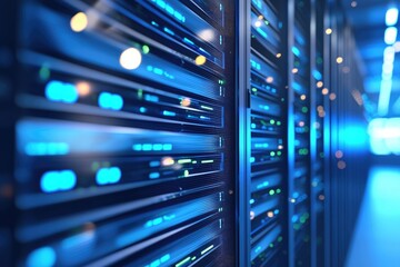 Naklejka premium High tech data center with rows of server racks and glowing blue lights symbolizing cloud computing, secure IT infrastructure, advanced digital storage and modern technology