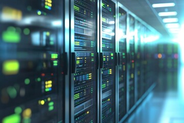 Modern data center server racks with glowing green and blue lights symbolizing advanced cloud computing, secure IT infrastructure, digital storage and high performance technology