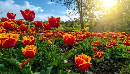 Vibrant tulip field in spring sunshine