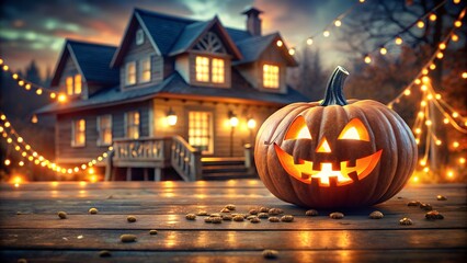 Jackolantern on a wooden table with a haunted house