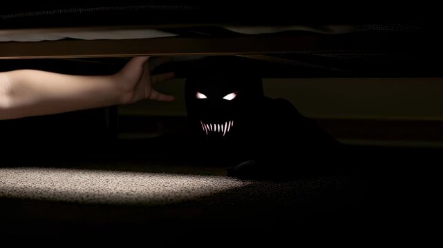 Child's arm and lurking shadow monster with glowing eyes and sharp teeth under the bed, horror concept footage.
