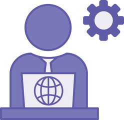 Colored IT Manager Icon. Vector Illustration. Man Sitting at Laptop and Gear. Specialist Managing Information Resources in Company. Information Technology Concept