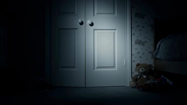 Closet door slowly opening in dark bedroom with teddy bear for spooky monster horror concept footage
