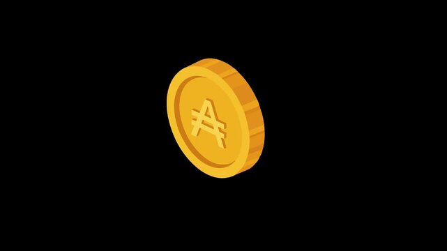 Animated cryptocurrency token spinning slowly, featuring a modern logo design