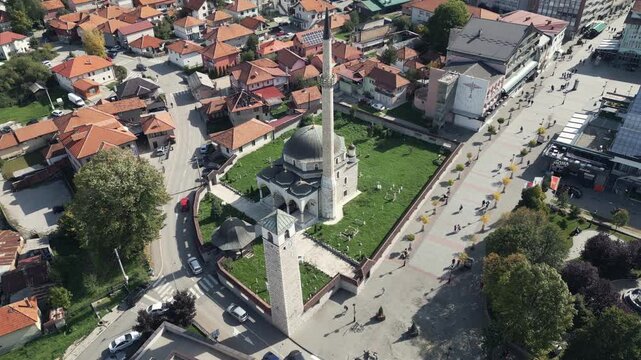 Town center of Pljevlja, Montenegro, captured by a drone. Aerial video