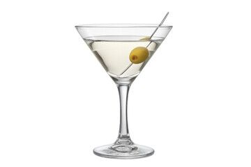 Martini cocktail glass with green olive and transparent background