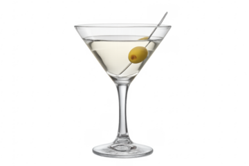Martini cocktail glass with green olive and transparent background