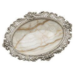 Ornate oval silver platter with intricate filigree border and polished agate stone inlay tray metal isolated on a white transparent background png file download.