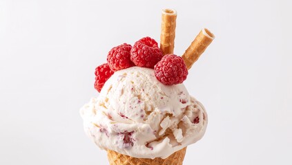 Delicious Ice Cream Cone with Raspberries and Wafer Rolls, A Sweet Treat Delight.