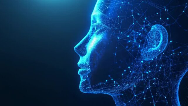 Artificial intelligence, human face made of network mesh glowing on dark blue background