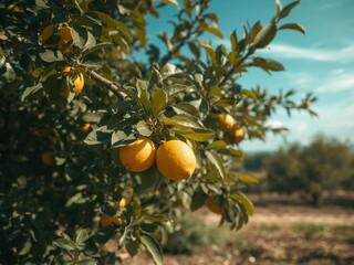 Citrus Orchard at Dusk. Golden Fruit and Verdant Foliage Under a Teal Sky, A Serene View.