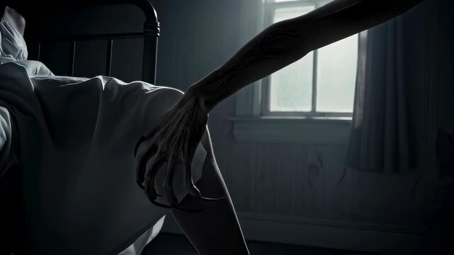 Woman struggling to escape monstrous arm reaching from under bed in a dark room. Horror concept video.