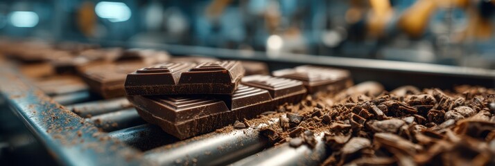 Chocolate bars resting on a conveyor belt in a bustling factory during production hours