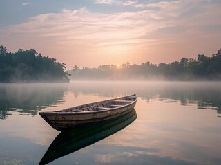 Obraz premium Tranquil Dawn. A Wooden Boat Rides Calm Waters Under a Pale Sky, Bathed in Soft Light.