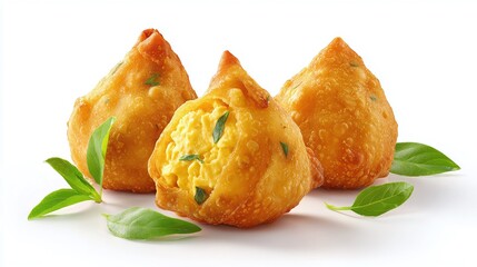 Golden fried savory pastries filled with flavorful ingredients, a delicious treat. Ready-to-eat snacks on a white surface, accentuated with fresh basil leaves.