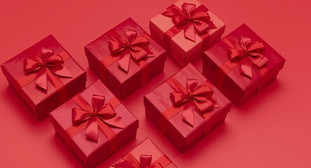 Crimson Presents. A Composition of Wrapped Forms in a Monochromatic Palette.