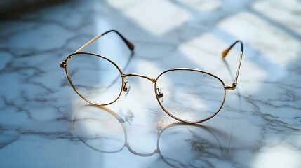 Pair of elegant rimless glasses with a thin gold colored frame lying on a marble countertop with soft ambient lighting to emphasize luxurious yet minimalist eyewear style