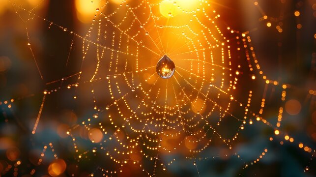 Spiderweb illuminated by golden sunlight with dew drops