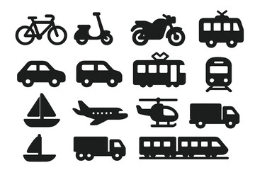 Fototapeta premium Transportation Icon Set. Solid style icons of transportation types: bicycle, scooter, motorcycle, car, bus, tram, subway, airplane