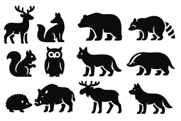Obraz premium Forest Animal Icons. Solid style icons of forest animals: deer, fox, bear, raccoon, squirrel, owl, lynx, badger, hedgehog, wild