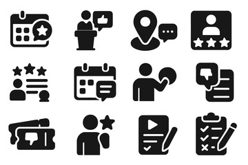 Event Feedback Icons. Solid style icons of feedback for events: event review, speaker feedback, venue comment, experience summary,