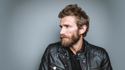 Fototapeta premium Stylish Man with Beard in Leather Jacket - An attractive man in a leather jacket looks off to the side with a serious expression and a well-groomed beard.