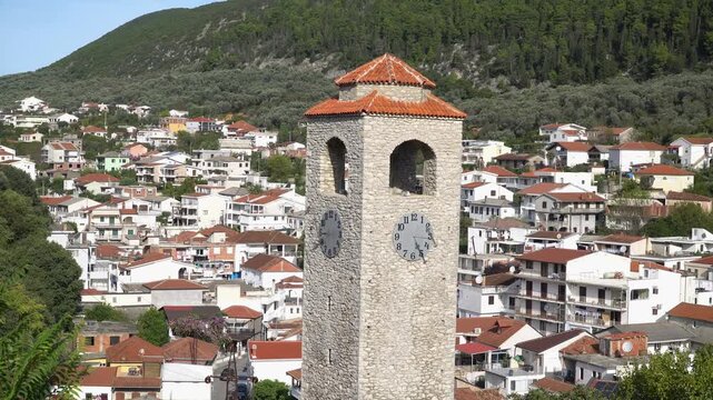 Captivating footage of the Clock tower of Ulcinj, a stone structure and one of the most important historic landmarks of the town of Ulcinj, Montenegro.