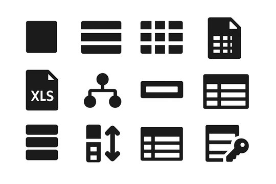 Structured Data Icons. Solid style icons of structured data: spreadsheet cell, table rows, data grid, CSV file, XLSX icon, schema
