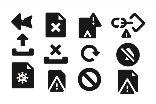 Failed Upload Icons. Solid style icons of failed uploads: broken arrow icon, X on file, corrupted file alert, expired upload link,
