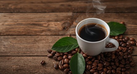 Aromatic Still Life with Steaming Coffee and Greenery on a Rustic Wooden Surface.