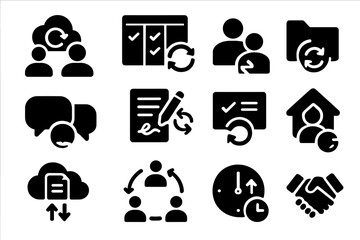 Workplace Sync Icons. Solid style icons of workplace sync tools: coworker cloud icon, project board sync, team chat refresh,