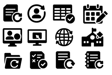 Educational Icons Collection. Solid style icons of educational updates: syllabus change icon, student data refresh, gradebook