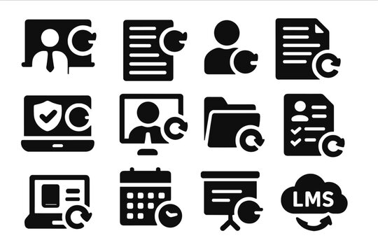 Education Dashboard Reload. Solid style icons of education dashboard refresh: classroom portal reload, gradebook update, student