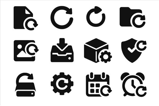 Backup Icon Set. Solid style icons of backup and restore updates: backup file refresh, restore point update, recovery file sync,