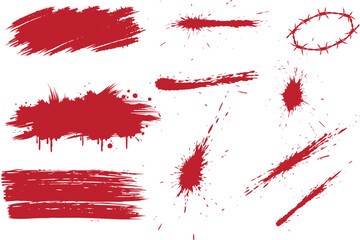 Blood Splatter Patterns Set for Crime and Horror Design Elements. Dirty collection of paint splatter imitating blood, cut marks, splashes, drops, blots, spray. Isolated on a white backgroud.
