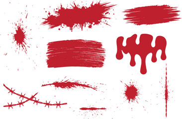 Blood spatter realistic vector background set for Horror and Crime. red blood paint splashes Brush, blood, cut marks, splashes, drops, blots, spray. Isolated on a white backgroud. EPS 10