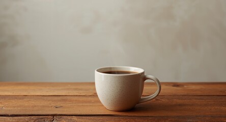 Coffee Cup Still Life on Wooden Surface, Warm Light, Cream and Brown Color Palette.