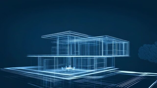 Modern house wireframe reflecting on dark blue background