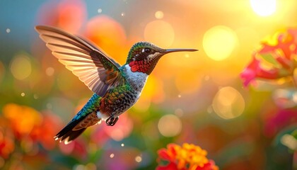 Fototapeta premium A vivid hummingbird with iridescent feathers hovers mid-air against a warm, blurred backdrop—capturing motion, elegance, and natural brilliance.