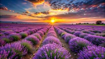 Obraz premium Lavender field at sunset with a beautiful sky