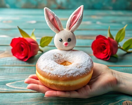 Hand holding donut with bunny and roses