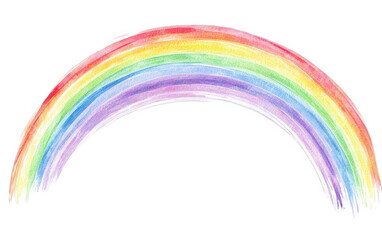 A vibrant, handdrawn watercolor rainbow arc with distinct bands of red, orange, yellow, green, blue, indigo, and violet, isolated on a clean transparent background, evoking feelings of hope and joy