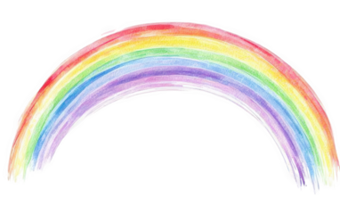 A vibrant, handdrawn watercolor rainbow arc with distinct bands of red, orange, yellow, green, blue, indigo, and violet, isolated on a clean transparent background, evoking feelings of hope and joy
