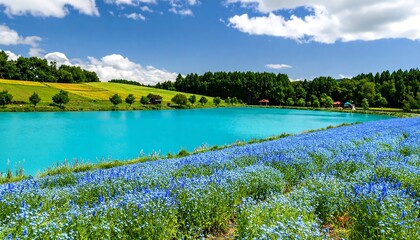 Vibrant turquoise lake, blue flowers, hills