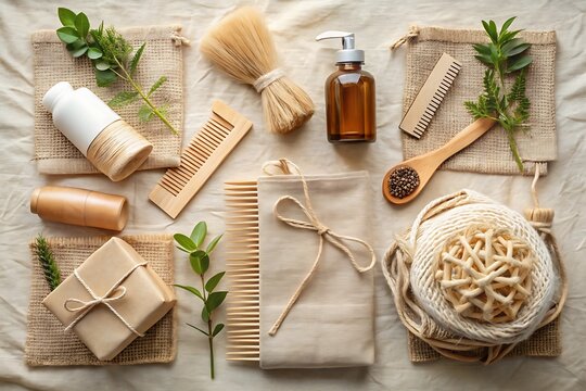 Ecofriendly beauty and hygiene products flat lay