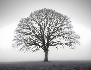 Obraz premium Black and White Solitary Tree in a Foggy Field - Minimalist Nature Art